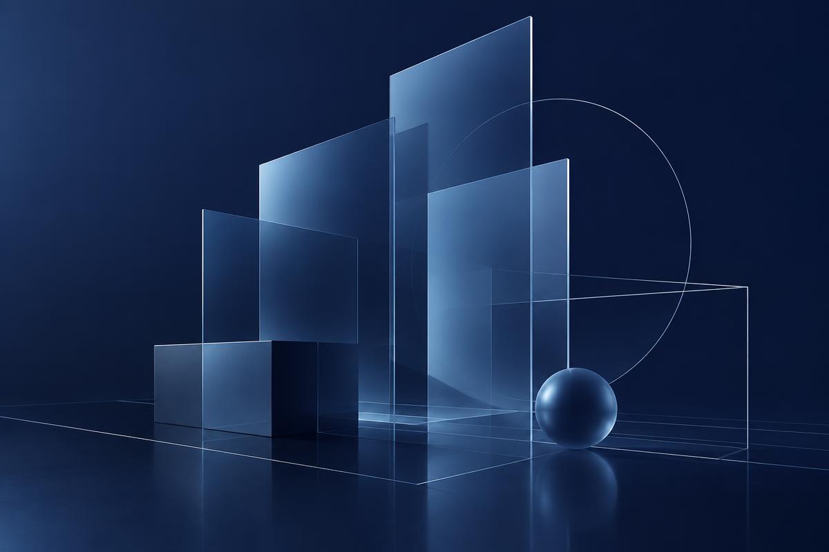 Abstract architectural composition of layered navy glass panels